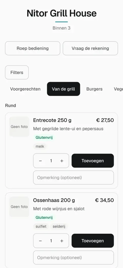 De menukaart op de telefoon van de gast na het scannen van de QR-code, met knoppen om de bediening te roepen of de rekening te vragen.